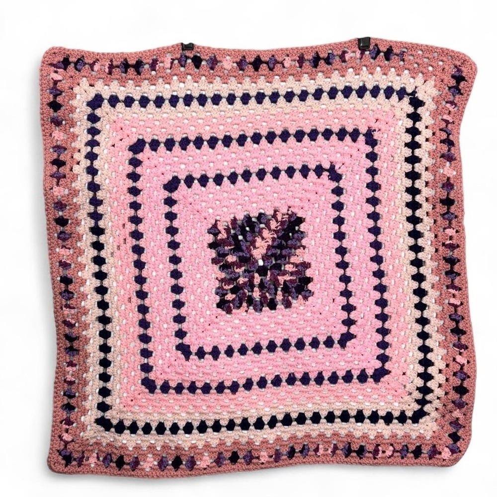 Hand Crochet Granny Square Baby Blanket Pink Purple 26.5 x 26.5 Nursery Baby